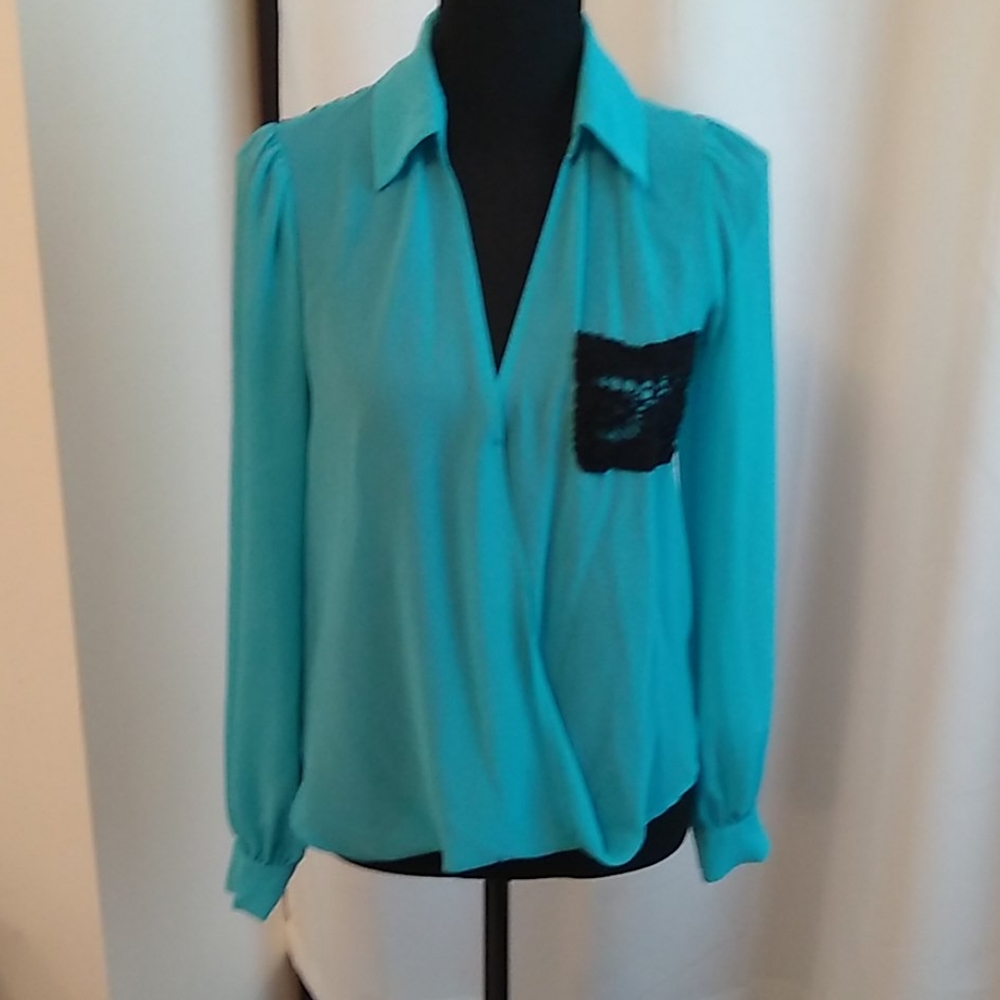 Teal silky collared wrap front blouse